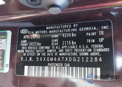 2013 Kia Optima Lx z USA, uszkodzony, nr VIN 5XXGM4A7XDG212284